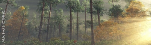 Forest in the morning in a fog in the sun, trees in a haze of light, glowing fog among the trees, 3D rendering