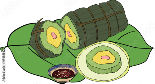 Bánh tét (tet cake) and fish sauce with garlic and chili for Lunar New Yearobe Illustrator Artwork