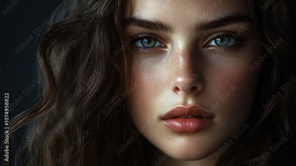 This image features a young woman with striking blue eyes. Her makeup and skin complexion are enhanced to create a high-definition portrait with a vintage filter effect. This image features a young woman with striking blue eyes. Her makeup and skin complexion are enhanced to create a high-definition portrait with a vintage filter effect.