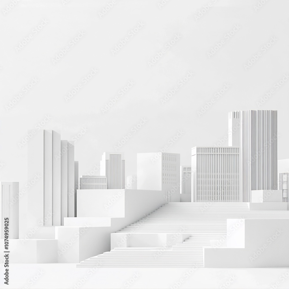 The white and gray minimalist 3D buildings create a sleek and modern cityscape backdrop The white and gray minimalist 3D buildings create a sleek and modern cityscape backdrop