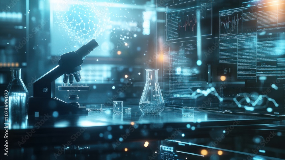Scientific research background featuring laboratory glassware, biological samples, and microscopes Scientific research background featuring laboratory glassware, biological samples, and microscopes