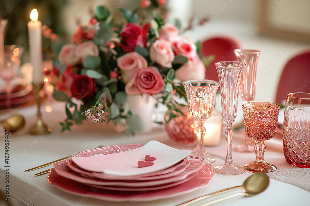 Elegant Valentine's Day table setting with pink roses and decorative glassware in a cozy dining room. Generative AI Elegant Valentine's Day table setting with pink roses and decorative glassware in a cozy dining room. Generative AI