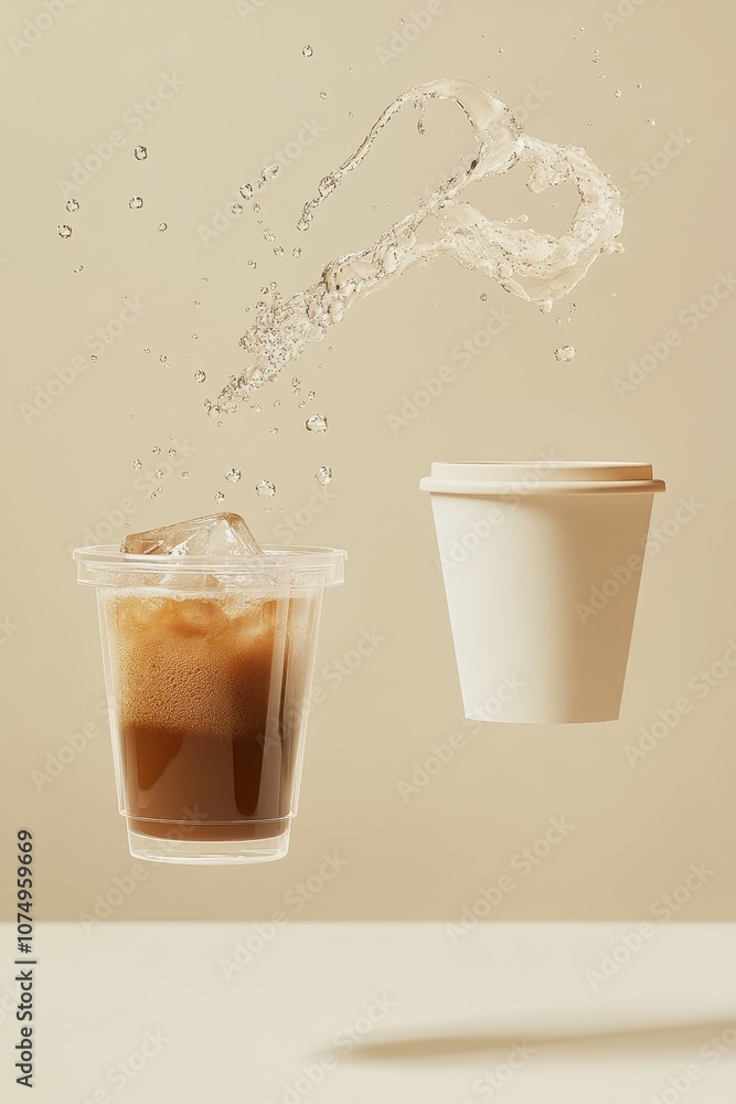 two floating coffee cups on light, neutral background, transparent plastic cup with iced coffee, white paper cup with hot coffee two floating coffee cups on light, neutral background, transparent plastic cup with iced coffee, white paper cup with hot coffee