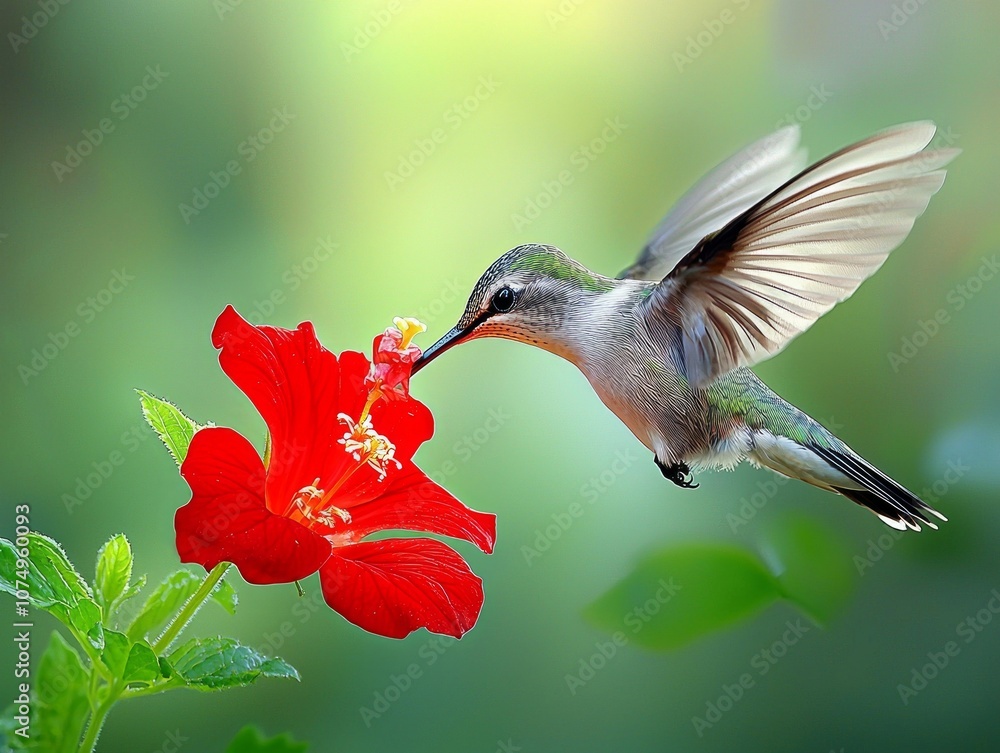 Fototapeta premium vibrant hummingbird rapidly flutters its wings as it feeds vivid red flower surrounded gentle green foliage natural lighting perfect showcasing wildlife.