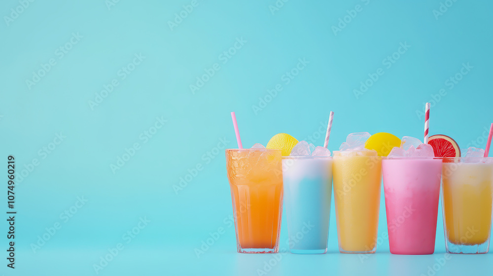 Colorful Iced Beverages Displayed on a Smooth Gradient Background for Refreshing Summer Moments Colorful Iced Beverages Displayed on a Smooth Gradient Background for Refreshing Summer Moments