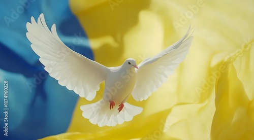 white dove of peace against the background of the Ukrainian flag.
