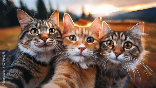 Funny cats taking a selfie with blurred background, cute and playful pet interaction captured 