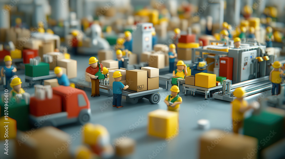 Fototapeta premium Efficient factory production lines with workers handling packages and goods. scene showcases busy environment filled with colorful boxes and vehicles, emphasizing teamwork and productivity