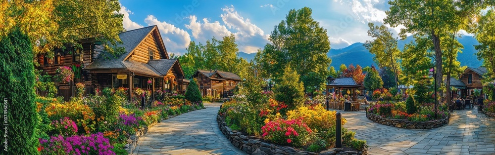 Explore the charming historic city with vibrant flowers and cozy log cabins under a bright sky in autumn