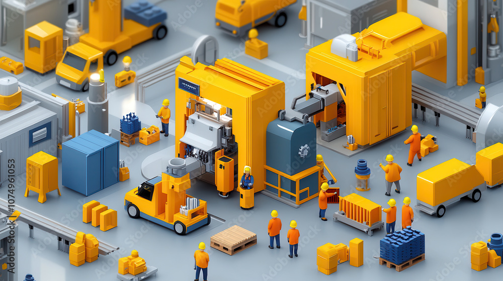 vibrant factory scene featuring workers, machinery, and vehicles in yellow tones, showcasing busy industrial environment vibrant factory scene featuring workers, machinery, and vehicles in yellow tones, showcasing busy industrial environment