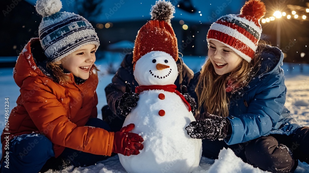 three children are playing in the snow, one of them holding a snowman three children are playing in the snow, one of them holding a snowman