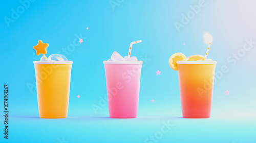 Vibrant Mocktails on Ice Displayed on a Smooth Gradient Background with a Refreshing Summer Vibe, Perfect for Beverage Promotion and Design Projects