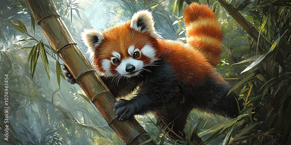 Fototapeta premium A red panda cub climbs a bamboo stalk in a lush forest.