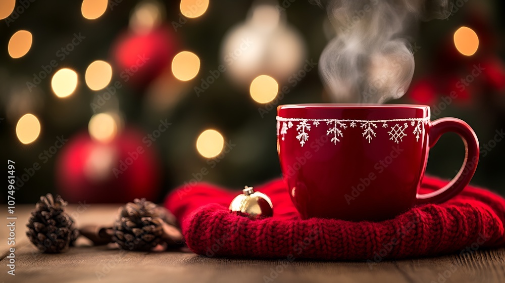 Fototapeta premium Steaming Red Cup with Snowflake Designs on Wooden Table for a Cozy Festive Atmosphere : Generative AI