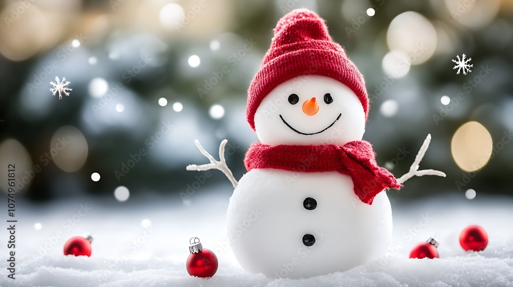 Joyful Snowman in Red Hat and Scarf Surrounded by Glowing Snowflake Lights on a Snowy Winter Day : Generative AI Joyful Snowman in Red Hat and Scarf Surrounded by Glowing Snowflake Lights on a Snowy Winter Day : Generative AI