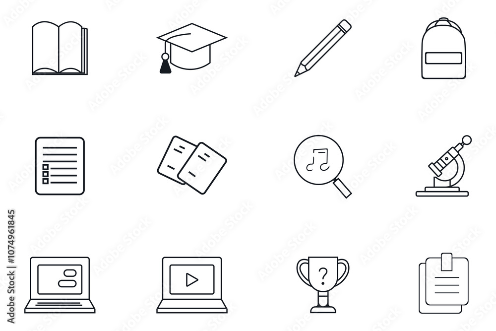 Education hand-drawn flat line art icons set. Learning icons for web and book. graduation hat, search, bag, laptop, documents. Vector icon illustration. Education hand-drawn flat line art icons set. Learning icons for web and book. graduation hat, search, bag, laptop, documents. Vector icon illustration.
