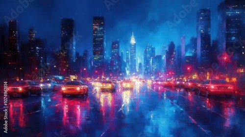 Wallpaper Mural a bustling city road is alive with skyscrapers and flowing car traffic, vibrant light trails weaving through the scene, representing the heartbeat of urban infrastructure and transportation Torontodigital.ca