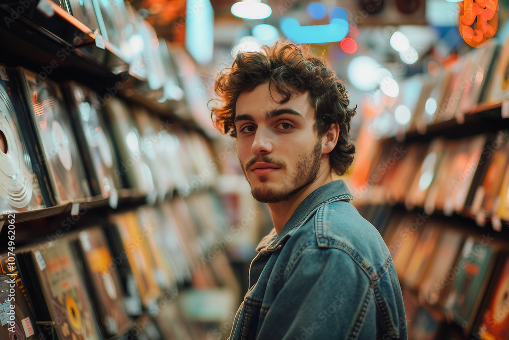 Person look vinyl records in retro music store, surrounded by various music genres classic CDs tapes vintage musical instruments, Generative AI Person look vinyl records in retro music store, surrounded by various music genres classic CDs tapes vintage musical instruments, Generative AI