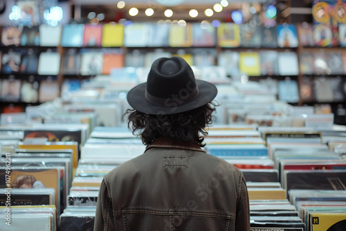 Person look vinyl records in retro music store, surrounded by various music genres classic CDs tapes vintage musical instruments, Generative AI