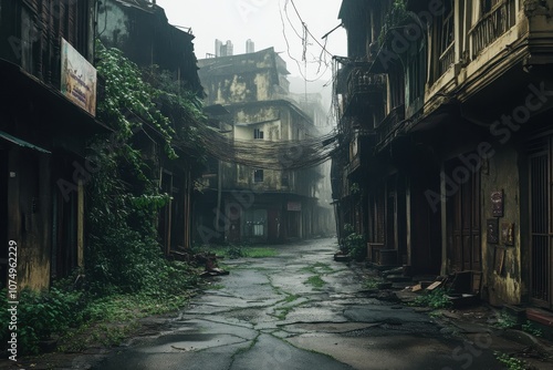 Empty streets of a forgotten town overgrown with vegetation, invoking a sense of nostalgia and mystery in a foggy atmosphere