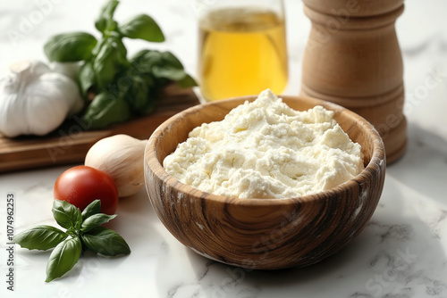 Fresh ricotta cheese served in a wooden bowl with basil, garlic, tomatoes, and olive oil on a marble countertop. Generative AI