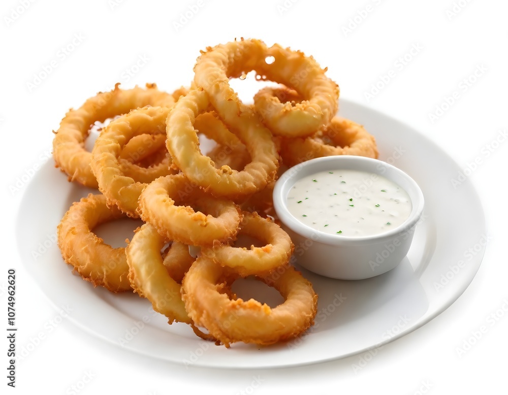 A plate of crispy golden brown onion rings served with a white dipping sauce A plate of crispy golden brown onion rings served with a white dipping sauce