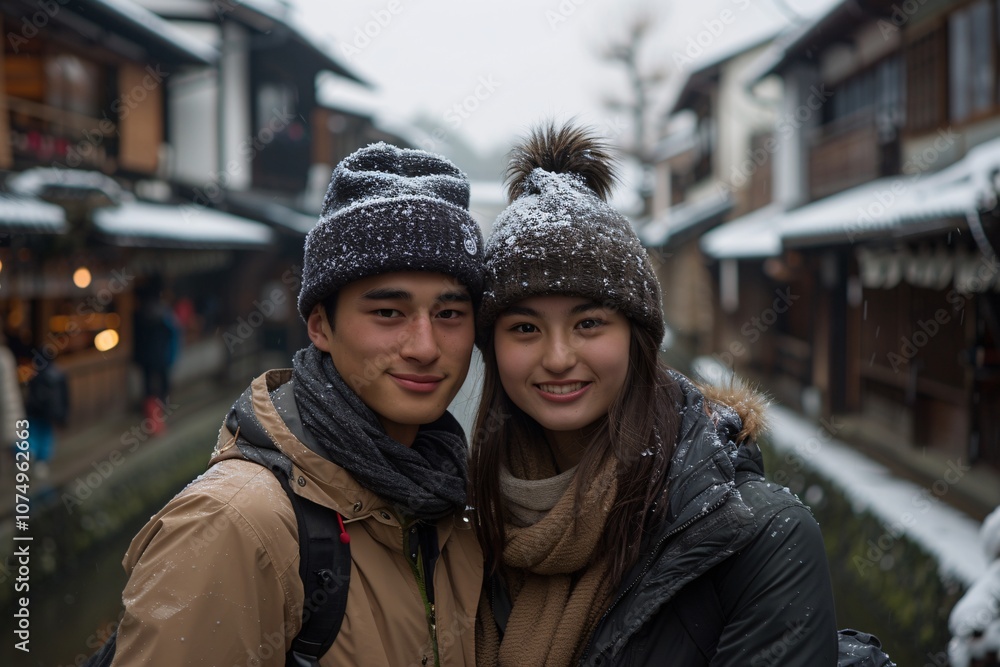 A young couple stands closely together, smiling, surrounded by a picturesque, snowy landscape in a quaint historic town. They are dressed warmly in hats and scarves, enjoying winter A young couple stands closely together, smiling, surrounded by a picturesque, snowy landscape in a quaint historic town. They are dressed warmly in hats and scarves, enjoying winter