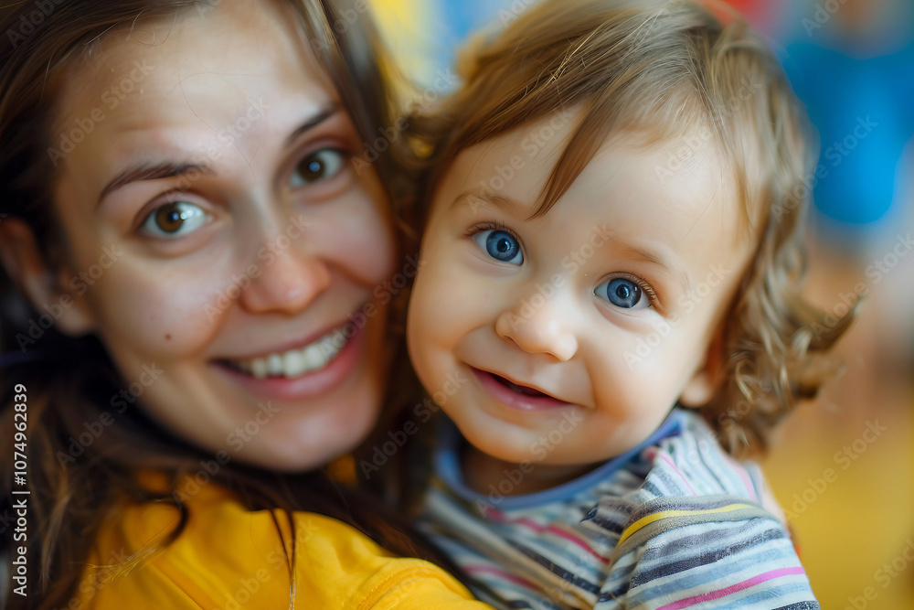 Generative AI Portrait of Smiling Mother Hugging Baby in Nursery Room Generative AI Portrait of Smiling Mother Hugging Baby in Nursery Room