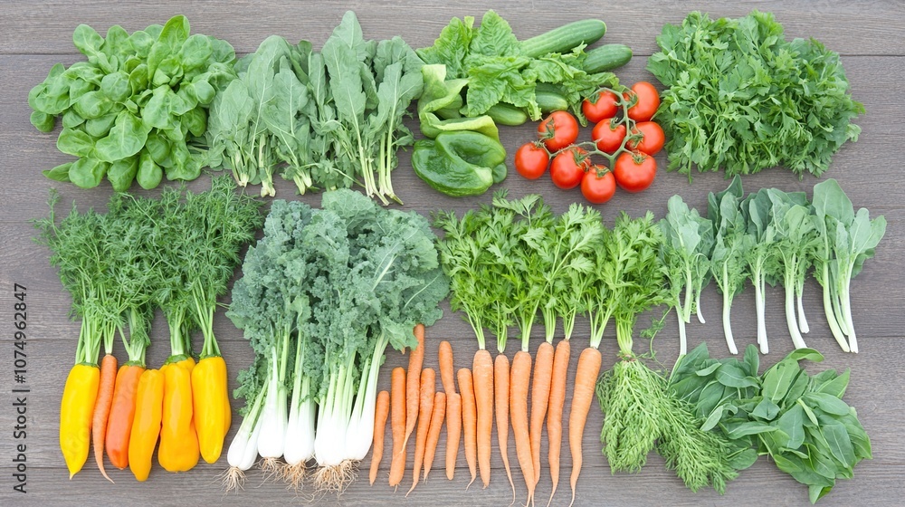 An overhead shot of an assortment of fresh organic vegetables and herbs laid out on a rustic wooden table. An overhead shot of an assortment of fresh organic vegetables and herbs laid out on a rustic wooden table.