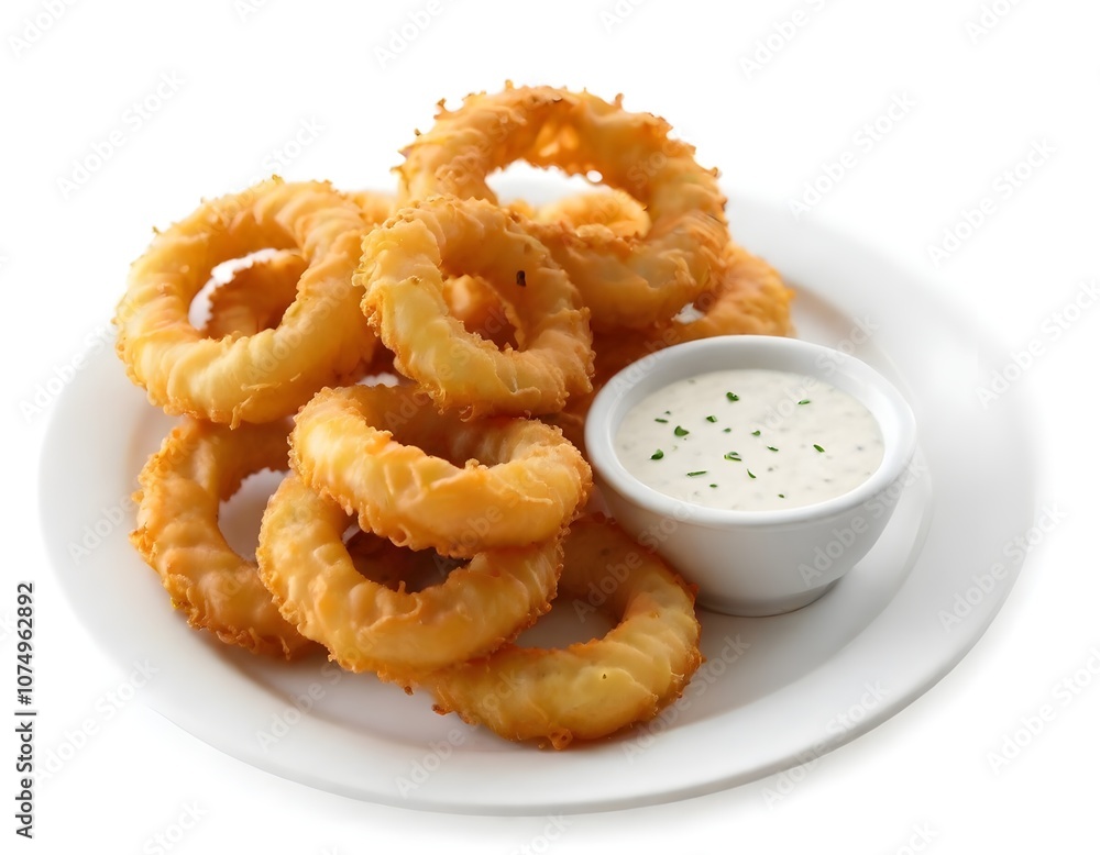 A plate of crispy golden brown onion rings served with a white dipping sauce A plate of crispy golden brown onion rings served with a white dipping sauce