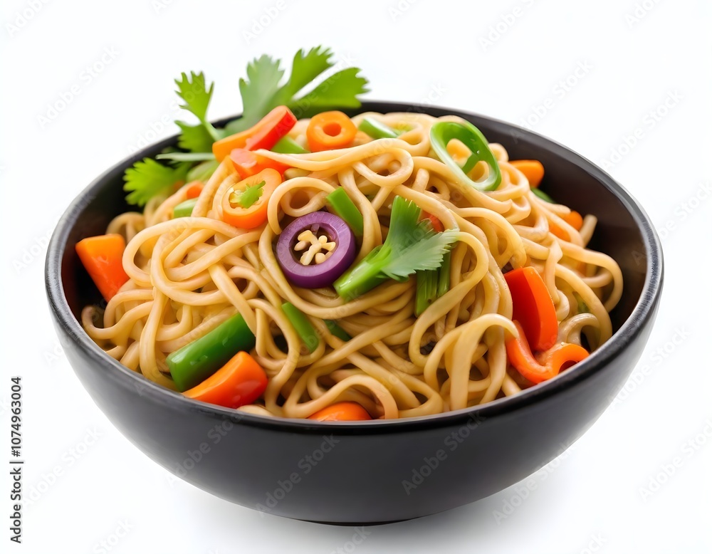 A bowl of stir-fried noodles with vegetables, including carrots, bell peppers, and green onions A bowl of stir-fried noodles with vegetables, including carrots, bell peppers, and green onions