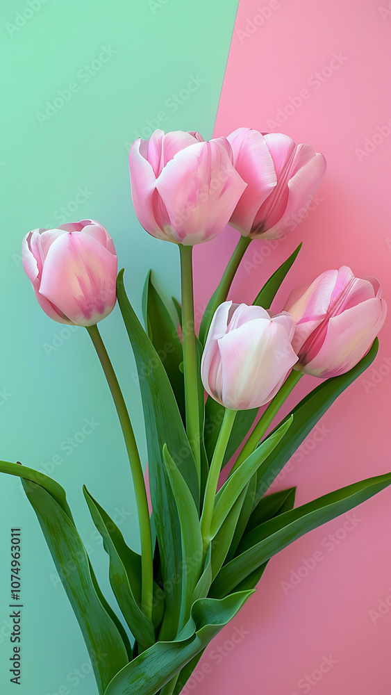 Pink Tulips on Colorful Pastel Background Pink Tulips on Colorful Pastel Background