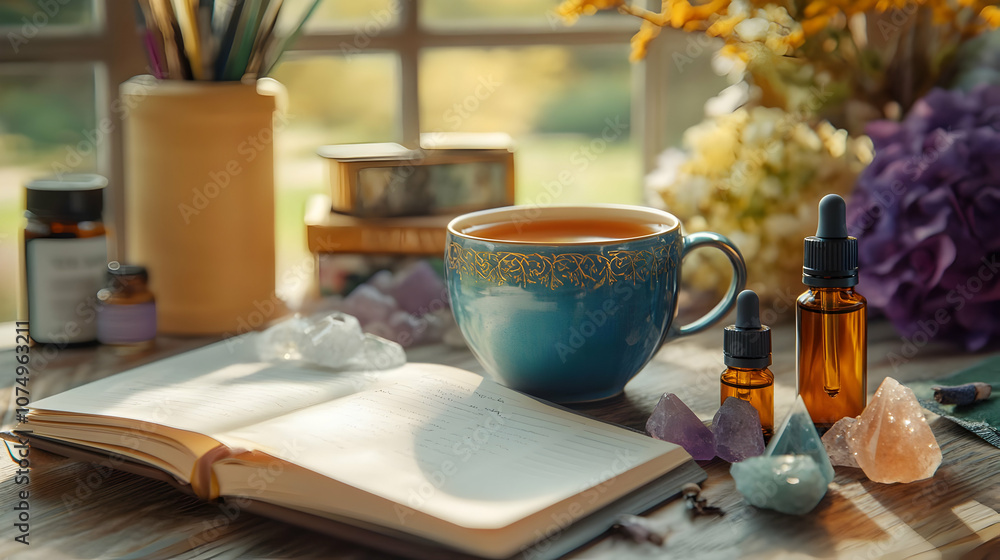 A serene workspace featuring a blue cup of tea, essential oils, and an open notebook surrounded by crystals. A serene workspace featuring a blue cup of tea, essential oils, and an open notebook surrounded by crystals.