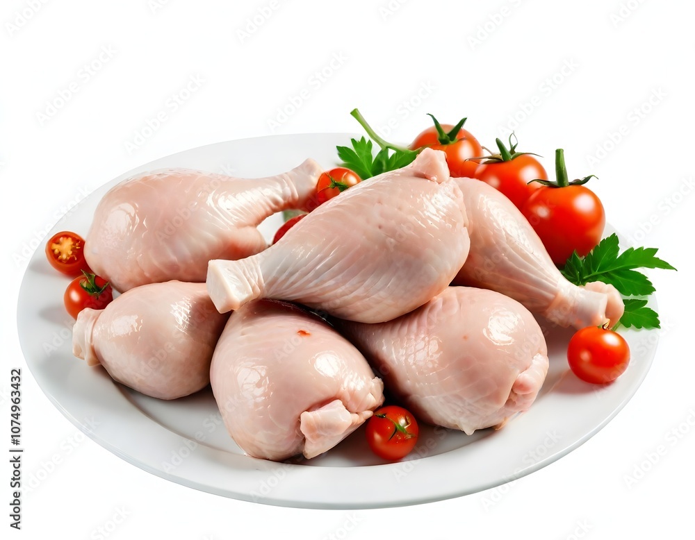 Raw chicken drumsticks and thighs on a white plate, accompanied by cherry tomatoes and green leaves Raw chicken drumsticks and thighs on a white plate, accompanied by cherry tomatoes and green leaves