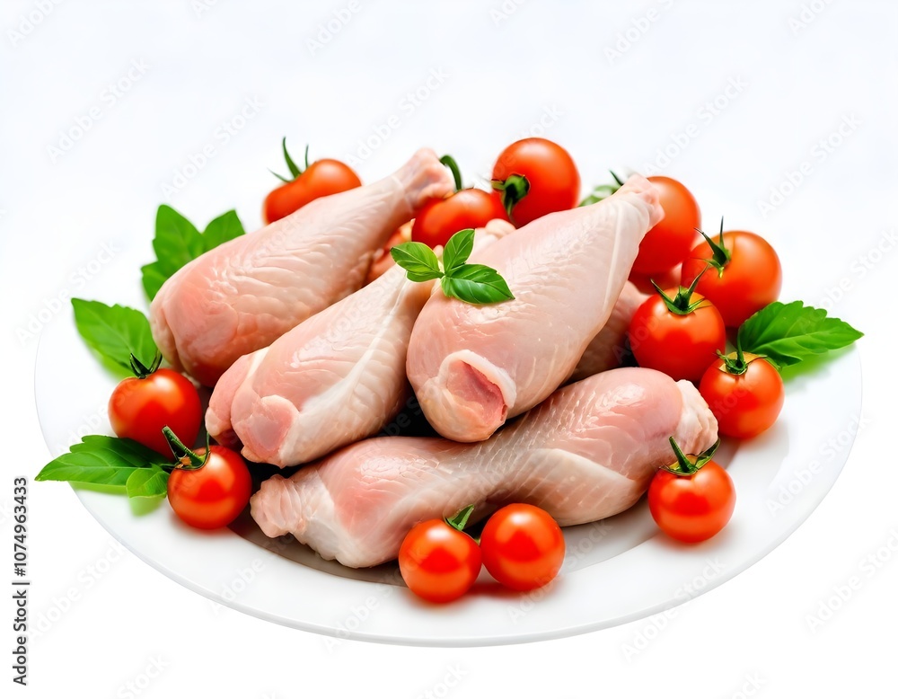Raw chicken drumsticks and thighs on a white plate, accompanied by cherry tomatoes and green leaves Raw chicken drumsticks and thighs on a white plate, accompanied by cherry tomatoes and green leaves