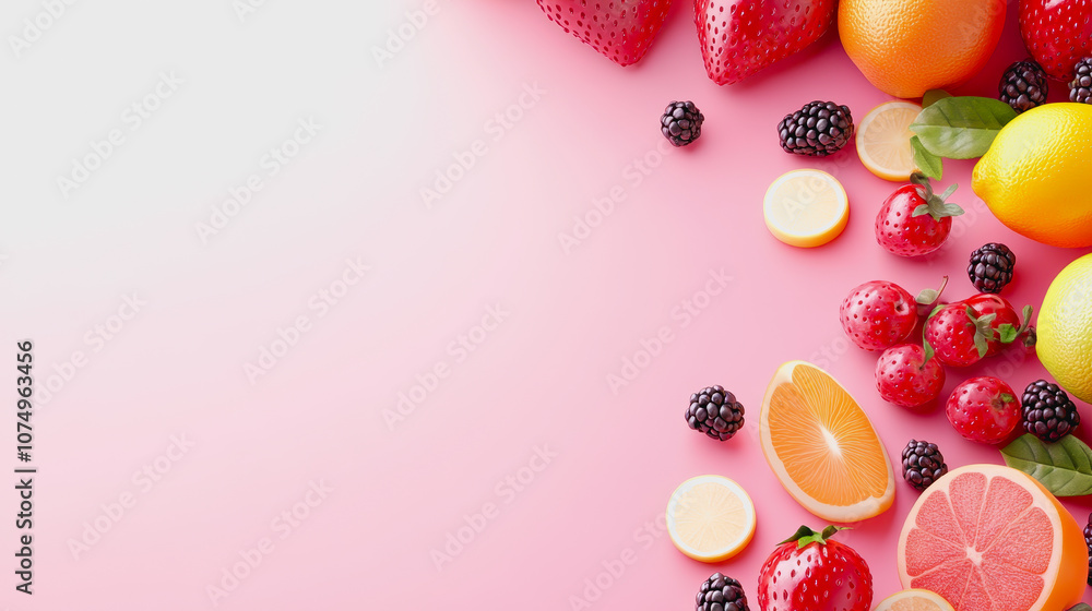 A Vibrant Summer Fruit Selection Arranged Artistically on a Smooth Gradient Background in , Showcasing Fresh Strawberries, Oranges, Lemons, and Berries A Vibrant Summer Fruit Selection Arranged Artistically on a Smooth Gradient Background in , Showcasing Fresh Strawberries, Oranges, Lemons, and Berries