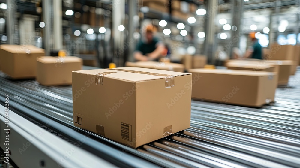 Cardboard Boxes Moving on Conveyor Belt in a Warehouse Cardboard Boxes Moving on Conveyor Belt in a Warehouse
