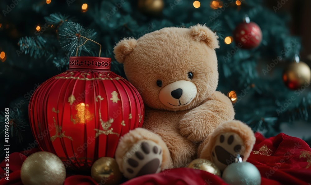 Teddy bear with red lantern and Christmas decorations, cozy holiday scene