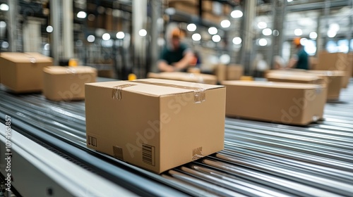 Cardboard Boxes Moving on Conveyor Belt in a Warehouse