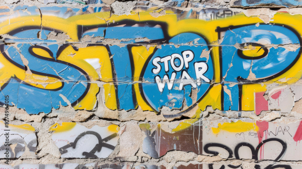 Fototapeta premium Graffiti mural with the words stop war on colorful wall background