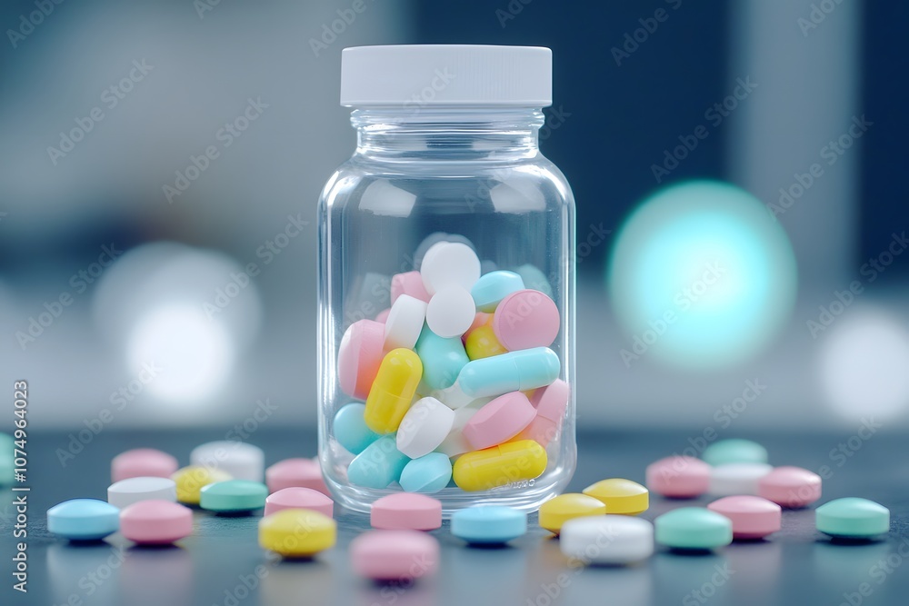 Colorful pills and the open bottle on a blur background, close-up Colorful pills and the open bottle on a blur background, close-up