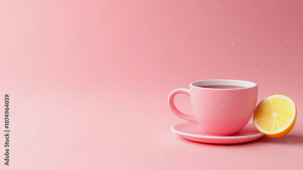 Aesthetic Presentation of Tea with Lemon on Smooth Pink Gradient Background Featuring a Simple Tea Cup and a Fresh Lemon Slice Aesthetic Presentation of Tea with Lemon on Smooth Pink Gradient Background Featuring a Simple Tea Cup and a Fresh Lemon Slice