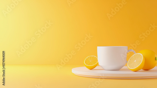 Refreshing Tea with Lemon on Smooth Gradient Background Featuring Bright Yellow Lemons and a White Mug in Style, Perfect for Culinary and Beverage Themes