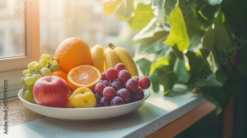 Fototapeta Naklejka Na Ścianę i Meble -  A vibrant arrangement of fresh fruits on a windowsill with sunlight illuminating colors in the morning