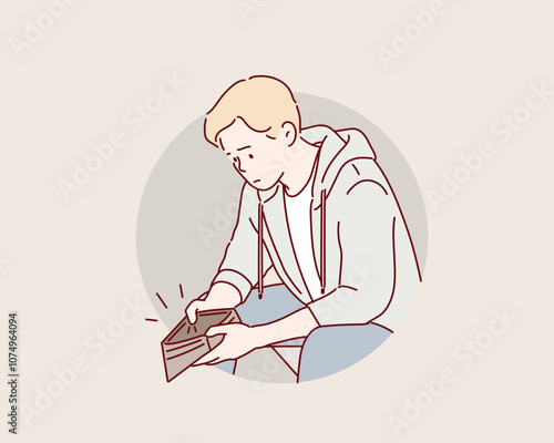 The man's wallet is completely empty. The man is going through financial difficulties. Hand drawn style vector design illustrations.