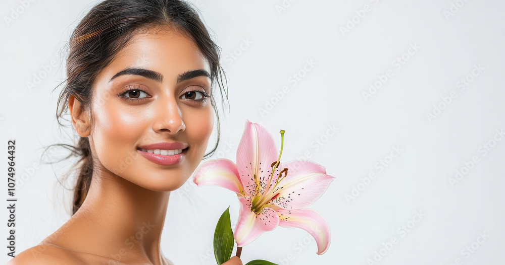 beautiful Indian woman with clean, healthy skin and a radiant smile stands against a white background beautiful Indian woman with clean, healthy skin and a radiant smile stands against a white background