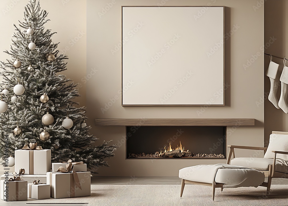 Fototapeta premium Cozy Living Room with Christmas Tree Fireplace and Decorated Gifts : Generative AI