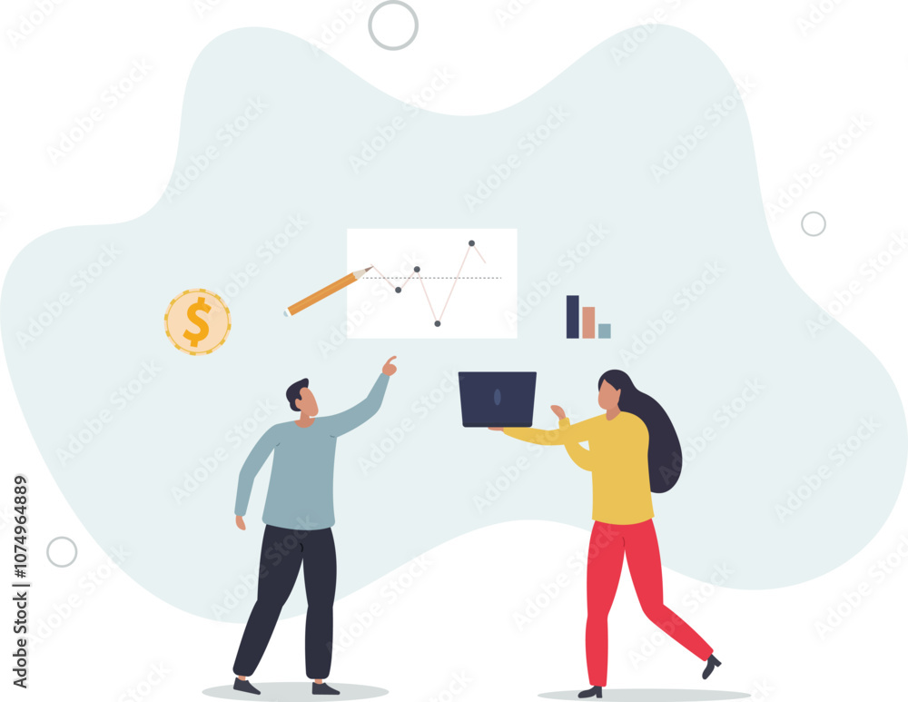 Finance fundamentals with business profit analysis.Company financial data calculation with statistics graph and diagram.flat characters. Finance fundamentals with business profit analysis.Company financial data calculation with statistics graph and diagram.flat characters.