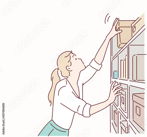 The woman is taking an item from the shelf in the room. Hand drawn style vector design illustrations.