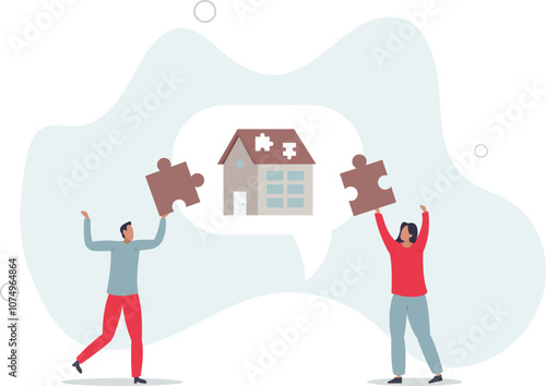 Volunteers working together to achieve common target .House assembly from donated materials for poor family .flat characters.